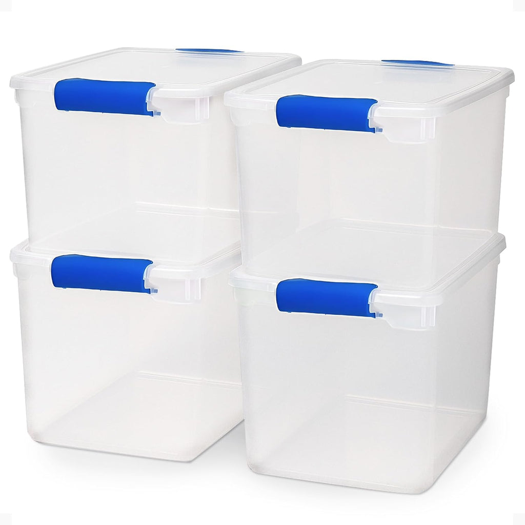 4-Pack 31 Quart Latching Lid, Clear Plastic Storage Organizer Bins, Blue – Stackable Containers for Home & Office