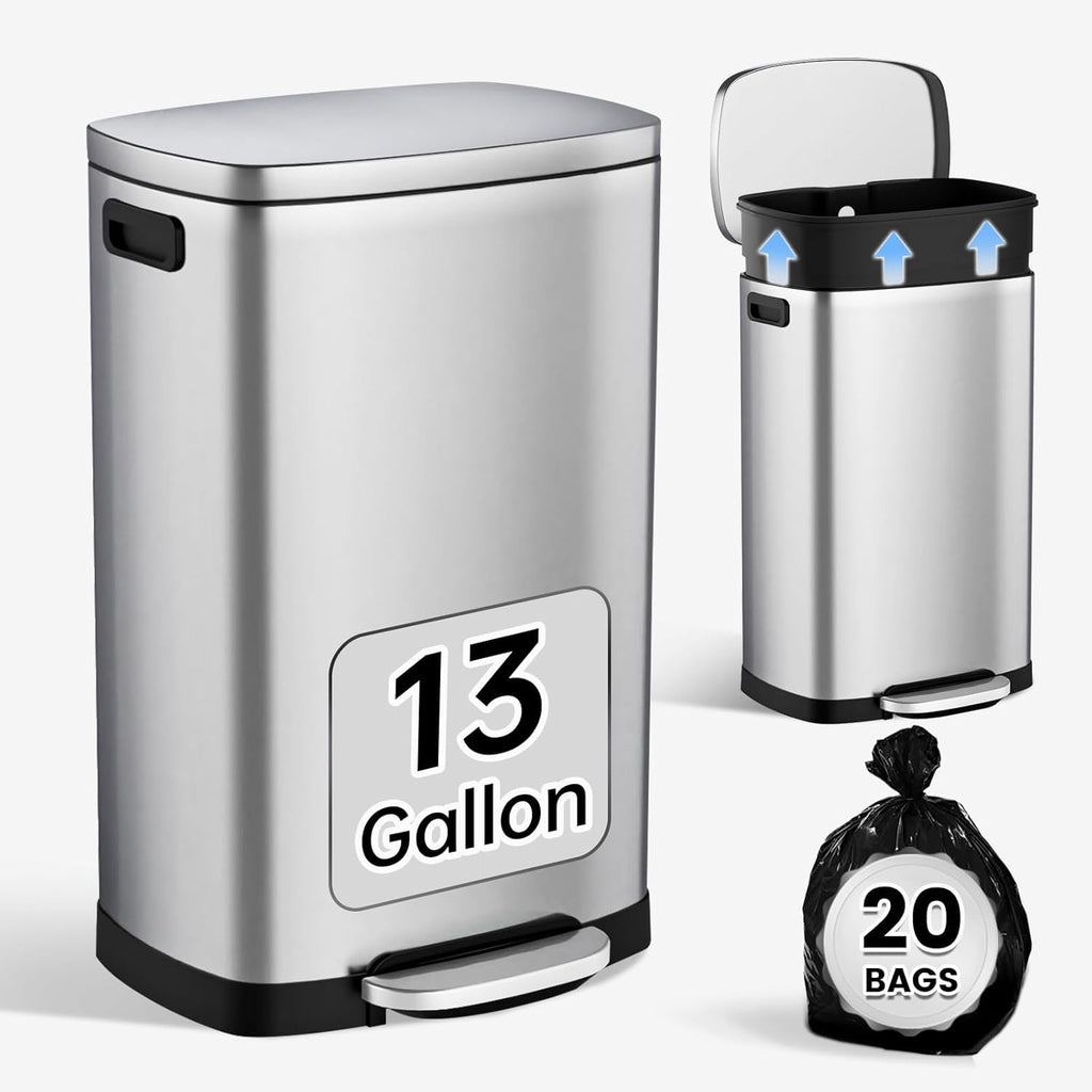 Kitchen Trash Can with Lid Soft Close,13 Gallon / 50L Stainless Steel Pedal Garbage Can, Heavy-Duty Fingerprint Proof