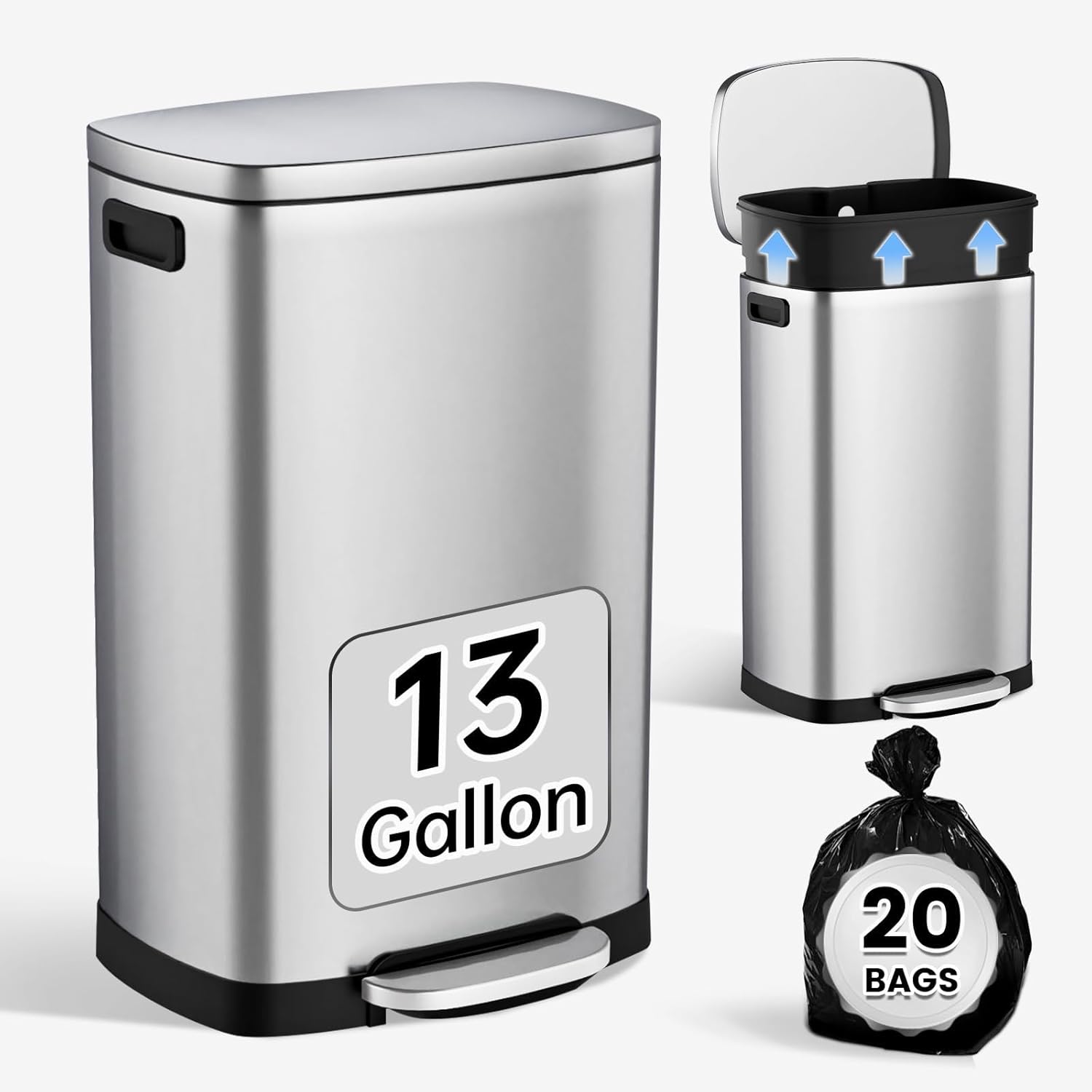Kitchen Trash Can with Lid Soft Close,13 Gallon / 50L Stainless Steel Pedal Garbage Can, Heavy-Duty Fingerprint Proof