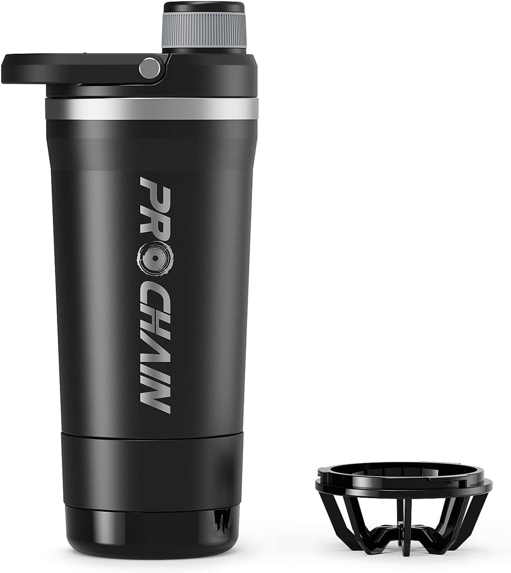 Insulated Stainless Steel Protein Shaker Bottle, 20oz Metal Mixer | Leak-Proof Twist Lock Lid with Detachable Powder