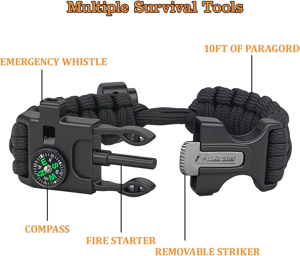Paracord Survival Bracelet (3 Pack) - Adjustable with Fire Starter, Whistle, Compass - Survival Gear for Hiking