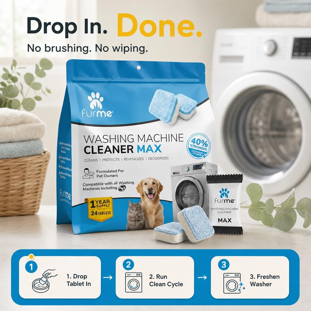 Washing Machine Cleaner MAX Tablets for Pet Owners – 24 Pack Deep Cleaning Descaler for HE Front & Top Load Washers –