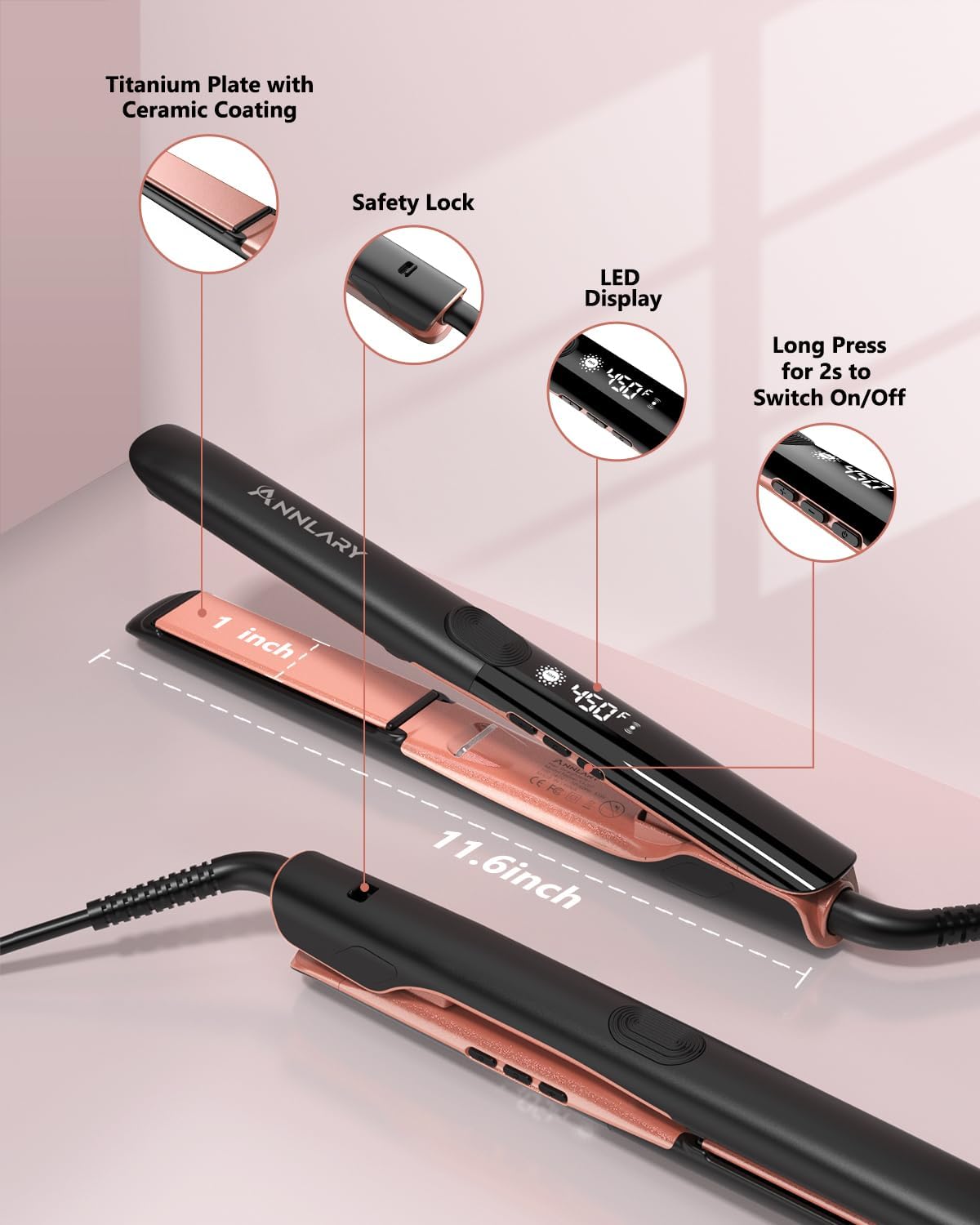 Hair Straightener 1 Inch Flat Iron and Curler 2 in 1 Titanium Ceramic Ionic Dual Voltage Straightener with