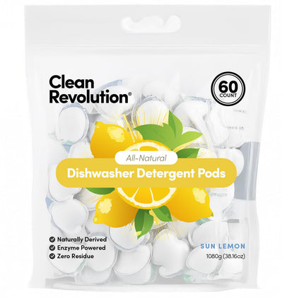 All Natural Dishwasher Detergent Pods, 60 Pods, Enzyme Powered, No Chemical Additives, No Residue - Sun Lemon - Made
