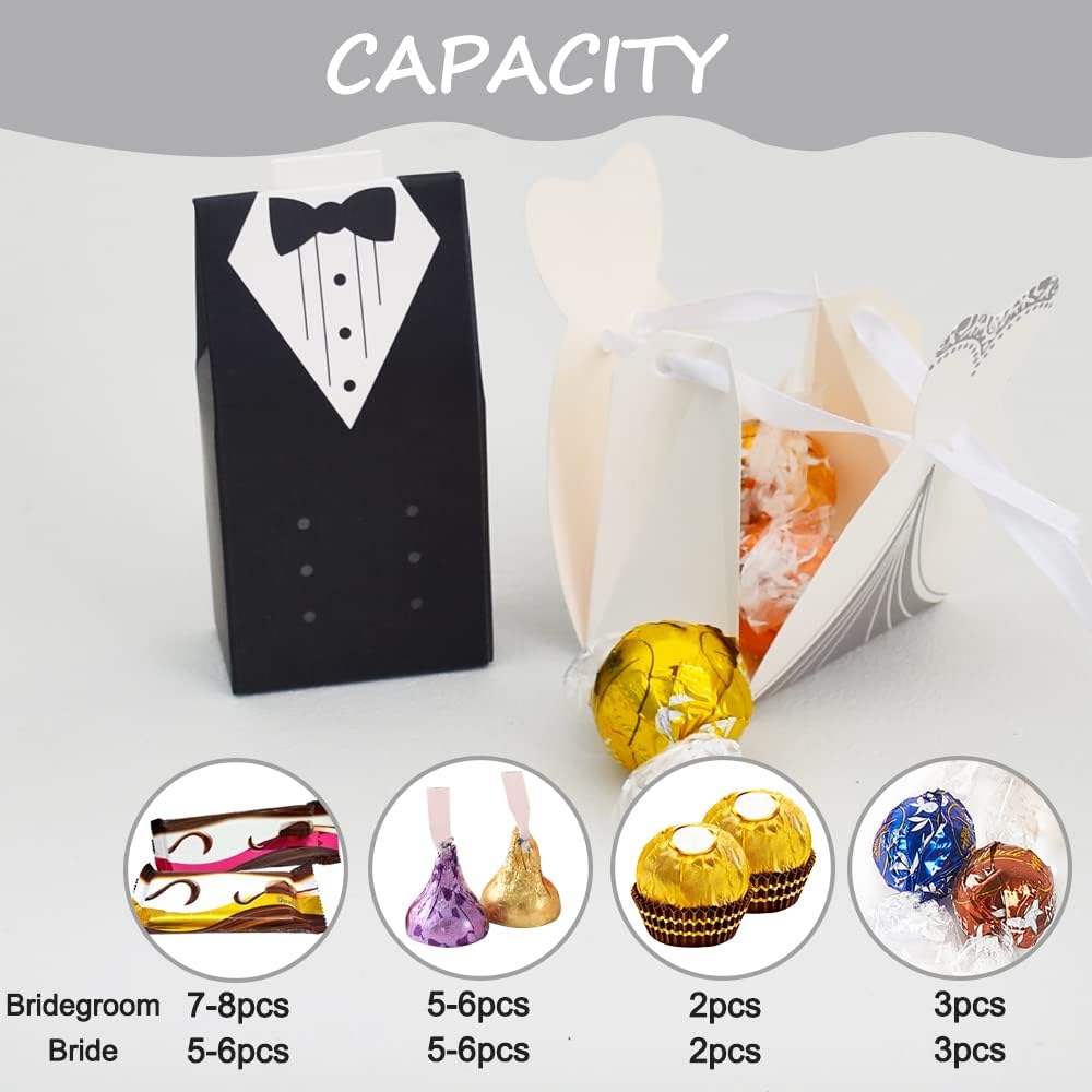 Wedding Favor Boxes - Small Bride and Groom Candy Boxes for Bridal Shower Decorations - 50pcs