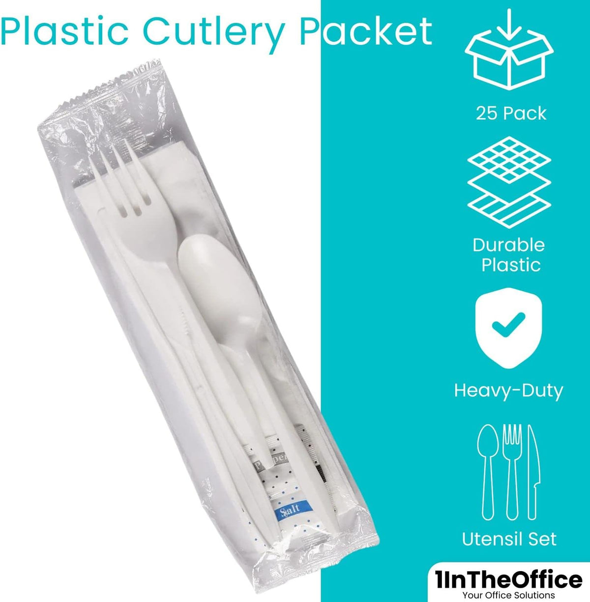 Disposable Cutlery Set, Individually Wrapped Plastic Utensils Kit (25)