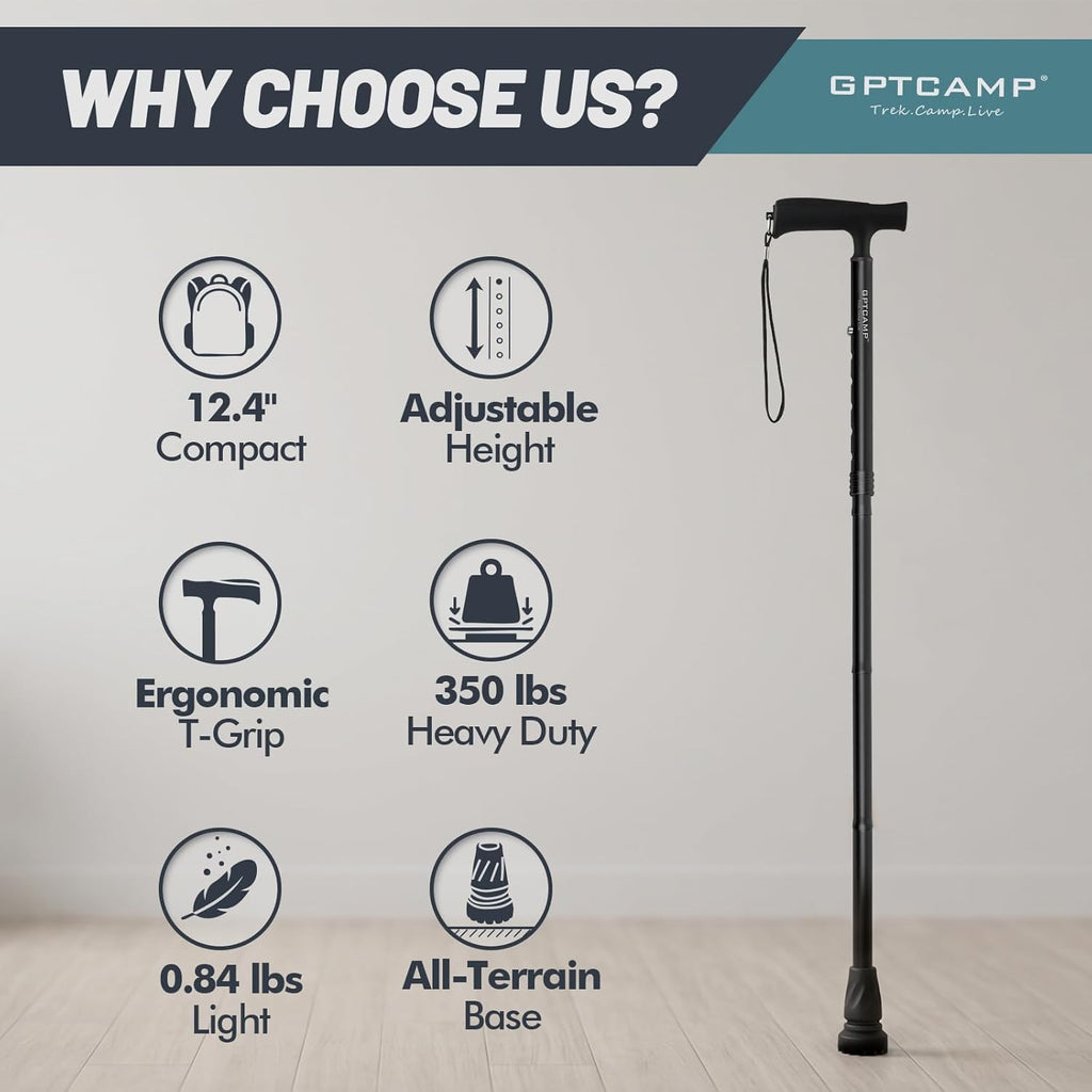 G2 Walking Stick, Fold-up Walking Cane for Women and Men with Wrist Strap, Portable, Foldable, Collapsible
