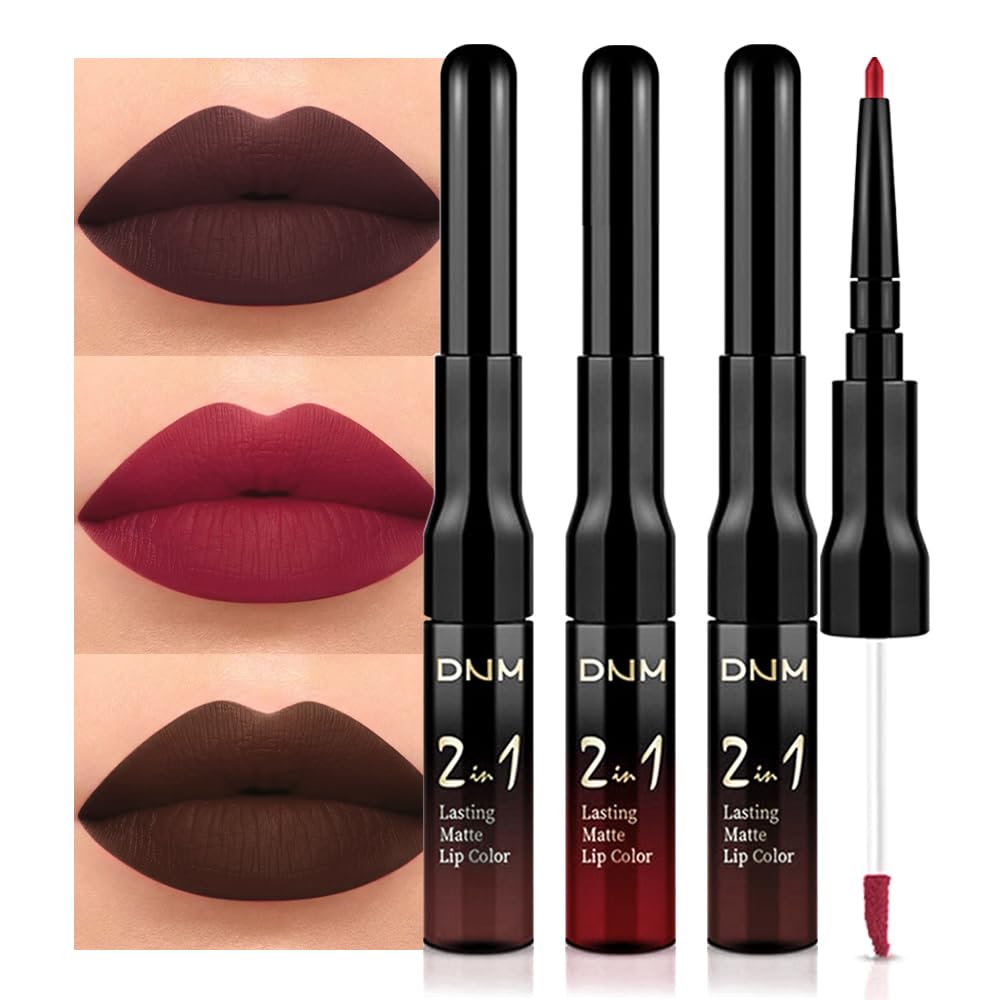 3Pcs Dark Brown Ruby Deep Red Matte Lip Liner Pencil and Liquid Lipstick Sets for Women Long Lasting Waterproof, 24