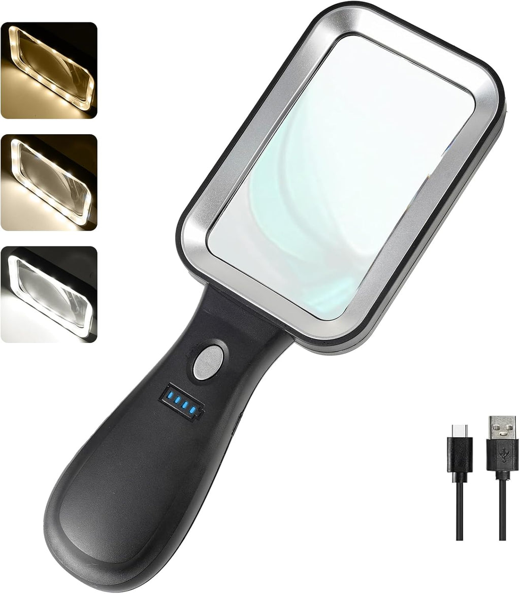 10X Magnifying Glass with Light, Rechargeable Magnifier with 3 Color Modes, Lighted Magnifying Glass Handheld for