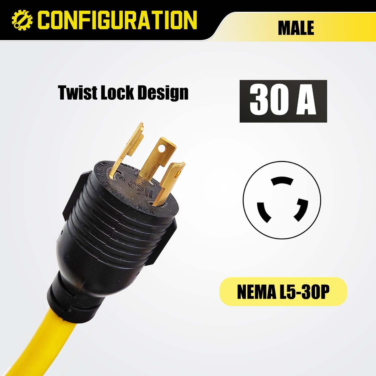 NEMA L5-30P to L14-30R Adapter Cord, 30 Amp 3 Prong to 4 Prong Twist Lock Generator Plug Adapter, Generator Transfer