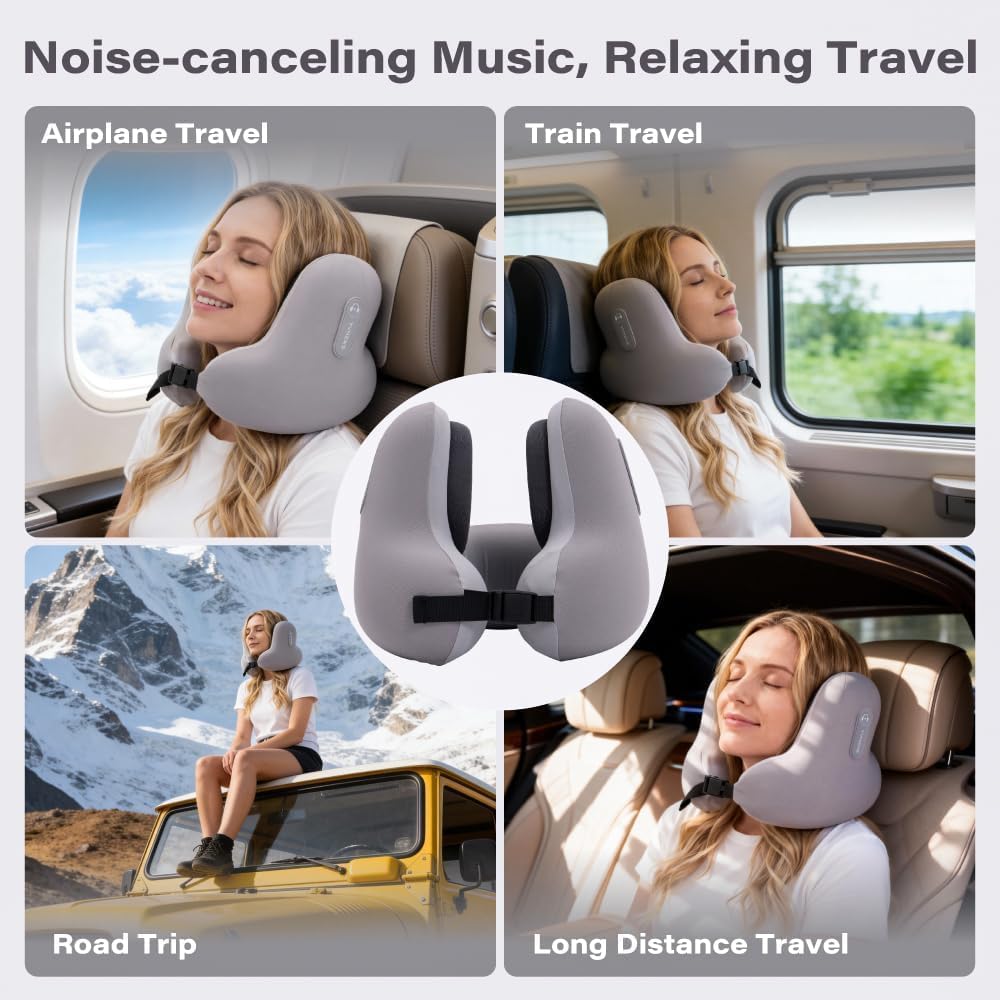 Neck Travel Pillows for Airplanes with Bluetooth, Premium Memory Foam Neck Pillow, Noise Reducing Travel Pillow for
