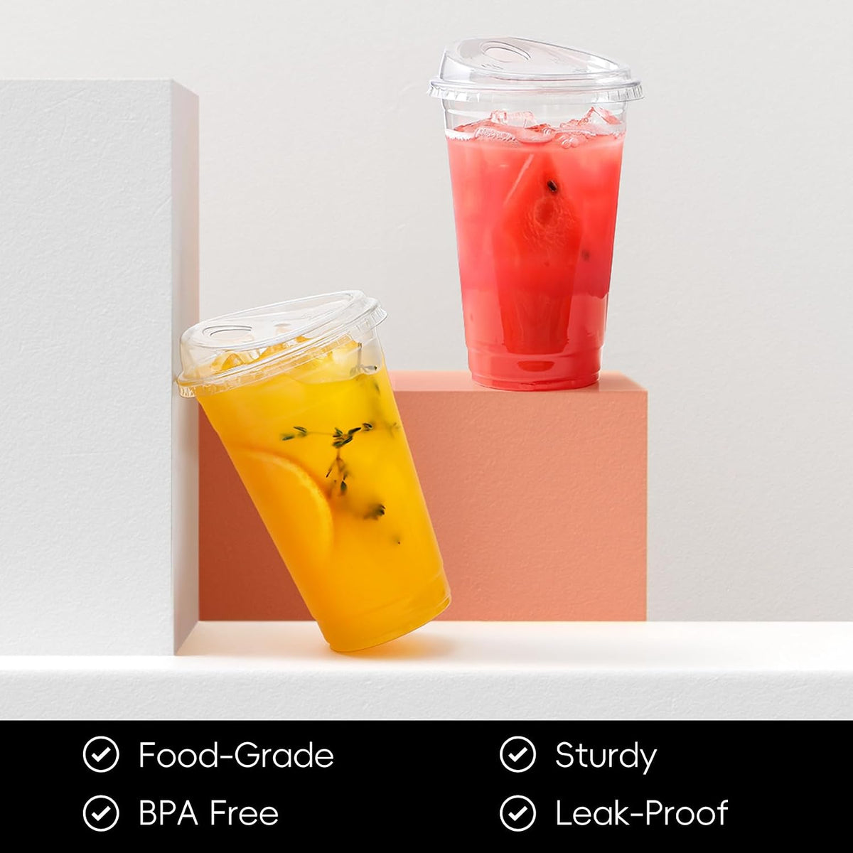 100 Pack 24 oz Disposable Plastic Cups With Strawless Sip-Lids, Clear Plastic Iced Coffee Cups Go for Drinks, Bubble