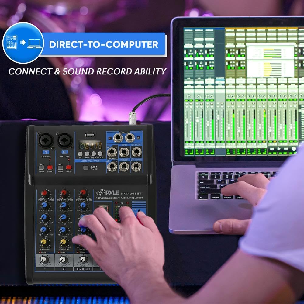 4 Channel Audio Mixer with Bluetooth - DJ Sound Board Controller - USB Computer Input - Built-in MP3 Player - 48V