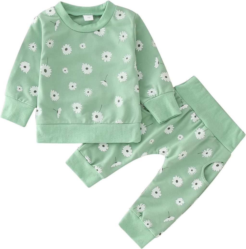 Baby Girls Boys Sweatshirt Set Crewneck Floral Hoodies Long Sleeve Pullover Sweater & Pants Toddler Girls Trendy