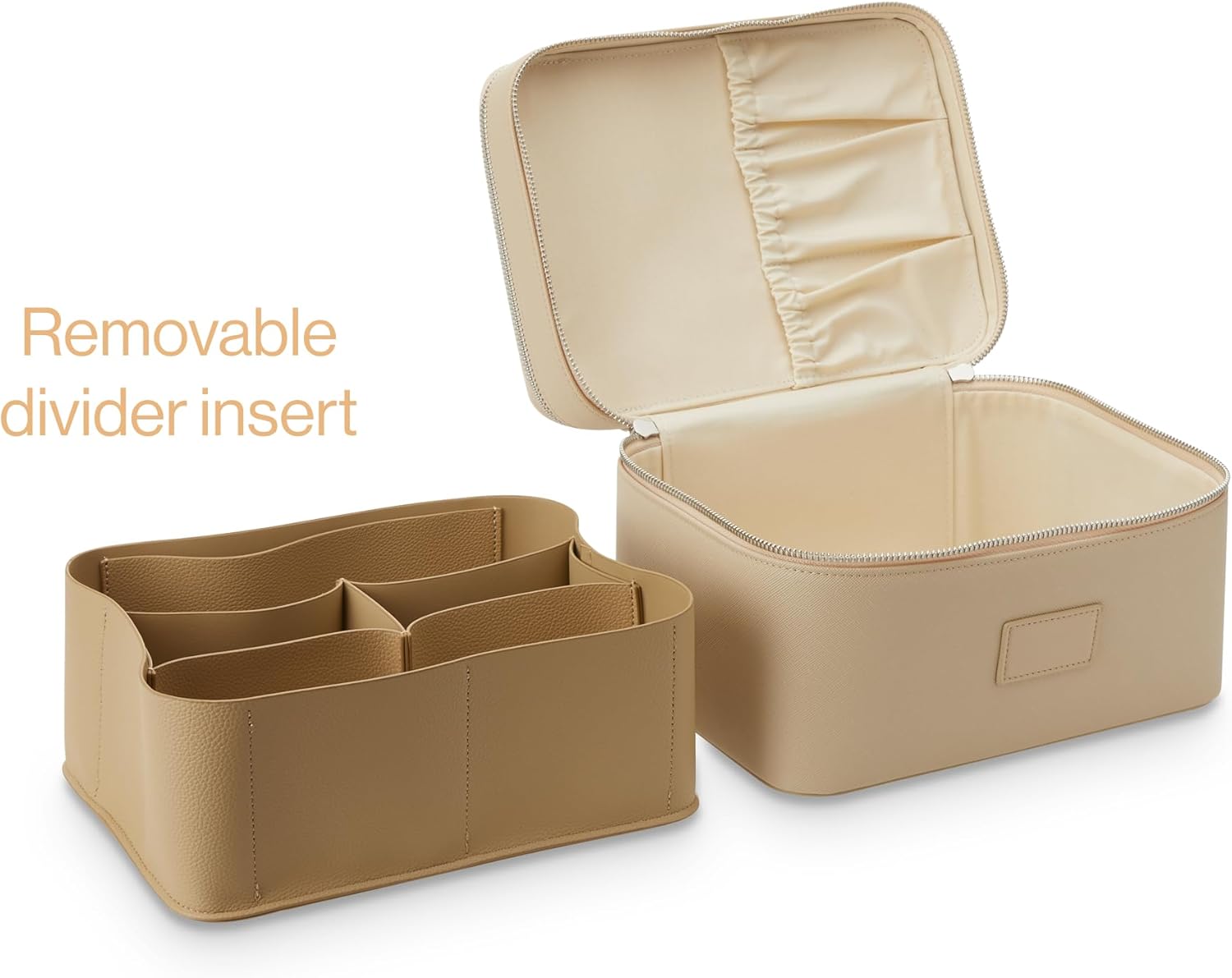 Duo Vanity Case Beige - Large Functional Travel Makeup Bag Organizer with Removable Divider & Mirror