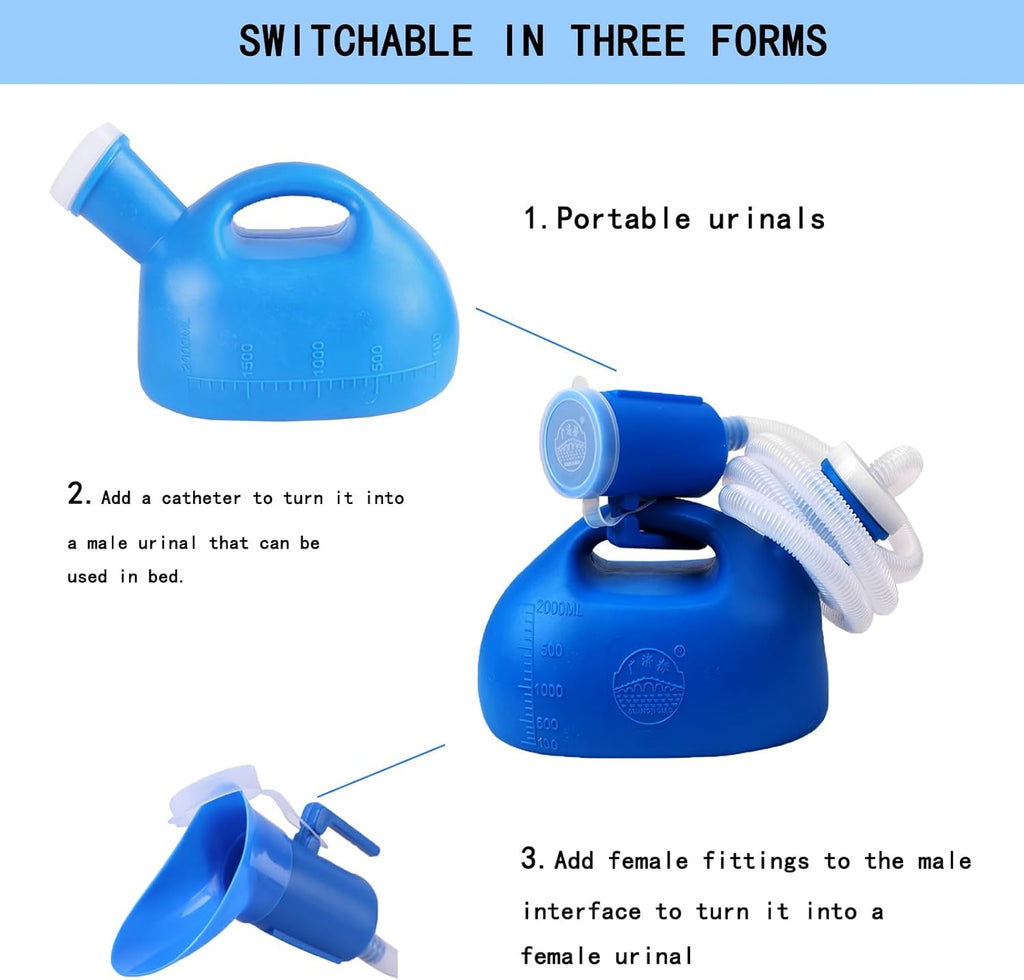 2000ML Portable Urinal for Men and Women, Spill Proof Urine Bottles for Men, Thick Large Pee Bottle with Long Tube