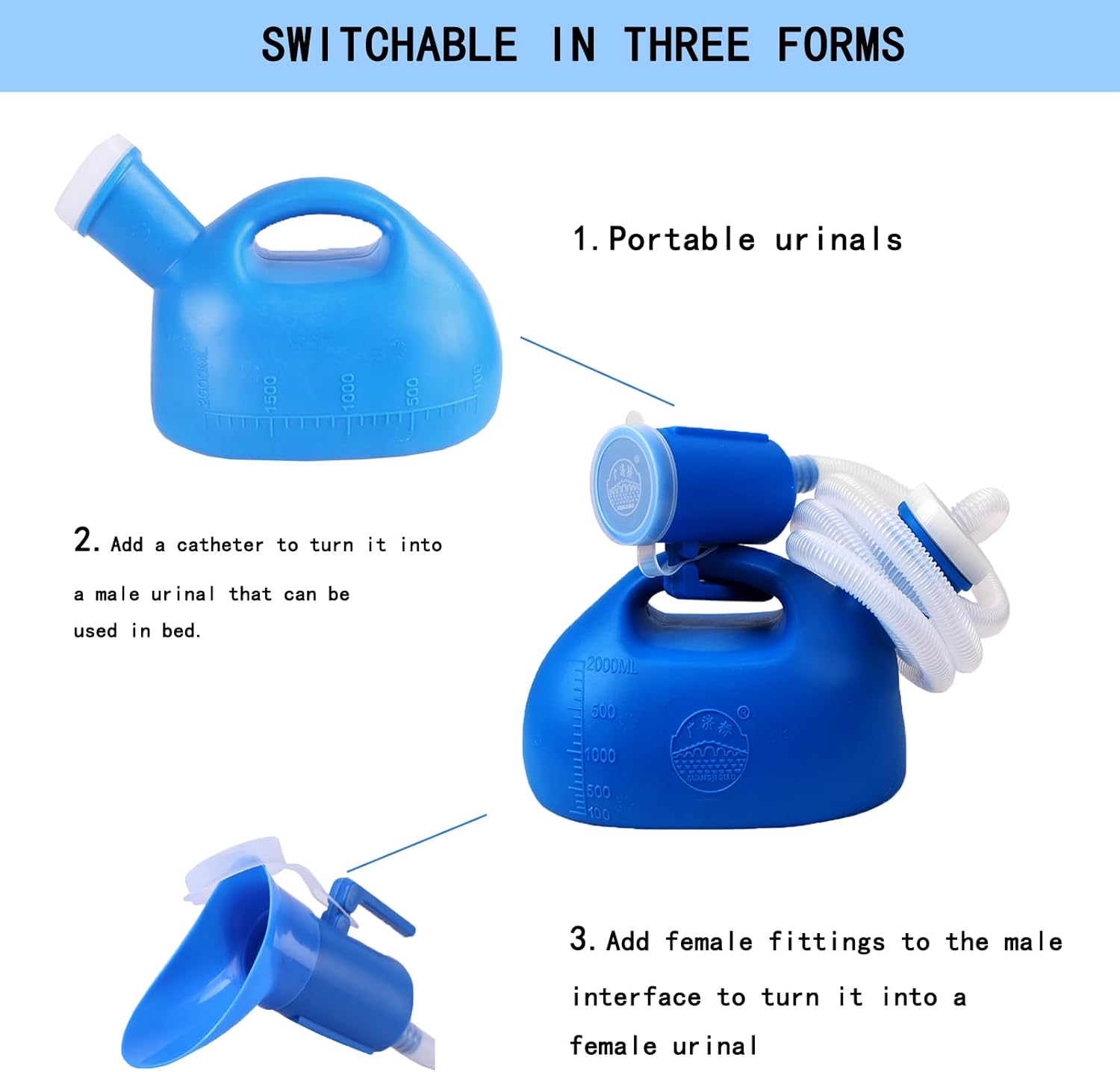 2000ML Portable Urinal for Men and Women, Spill Proof Urine Bottles for Men, Thick Large Pee Bottle with Long Tube