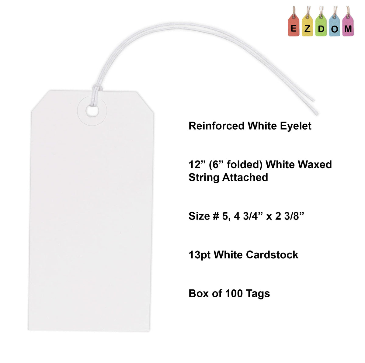 100 White Shipping Tags #5 with String Attached, 4 3/4" x 2 3/8"