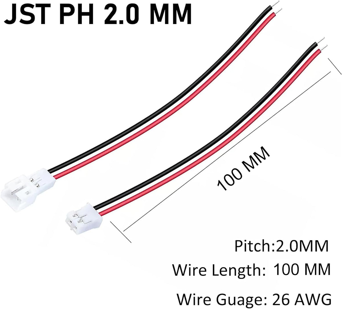 JST PH 2.0mm 2 Pin Connector,20 PCS Male Plug and 20 PCS Female Socket, Micro Wire Connectors with 150mm Extension Cable AWG 26
