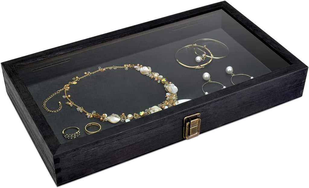 Wooden Jewelry Display Case with Tempered Glass Top, Dark Brown | Wood jewelry case with a tempered-glass lid and