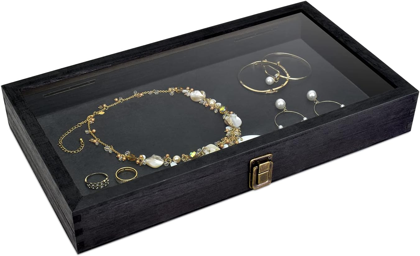 Wooden Jewelry Display Case with Tempered Glass Top, Dark Brown | Wood jewelry case with a tempered-glass lid and