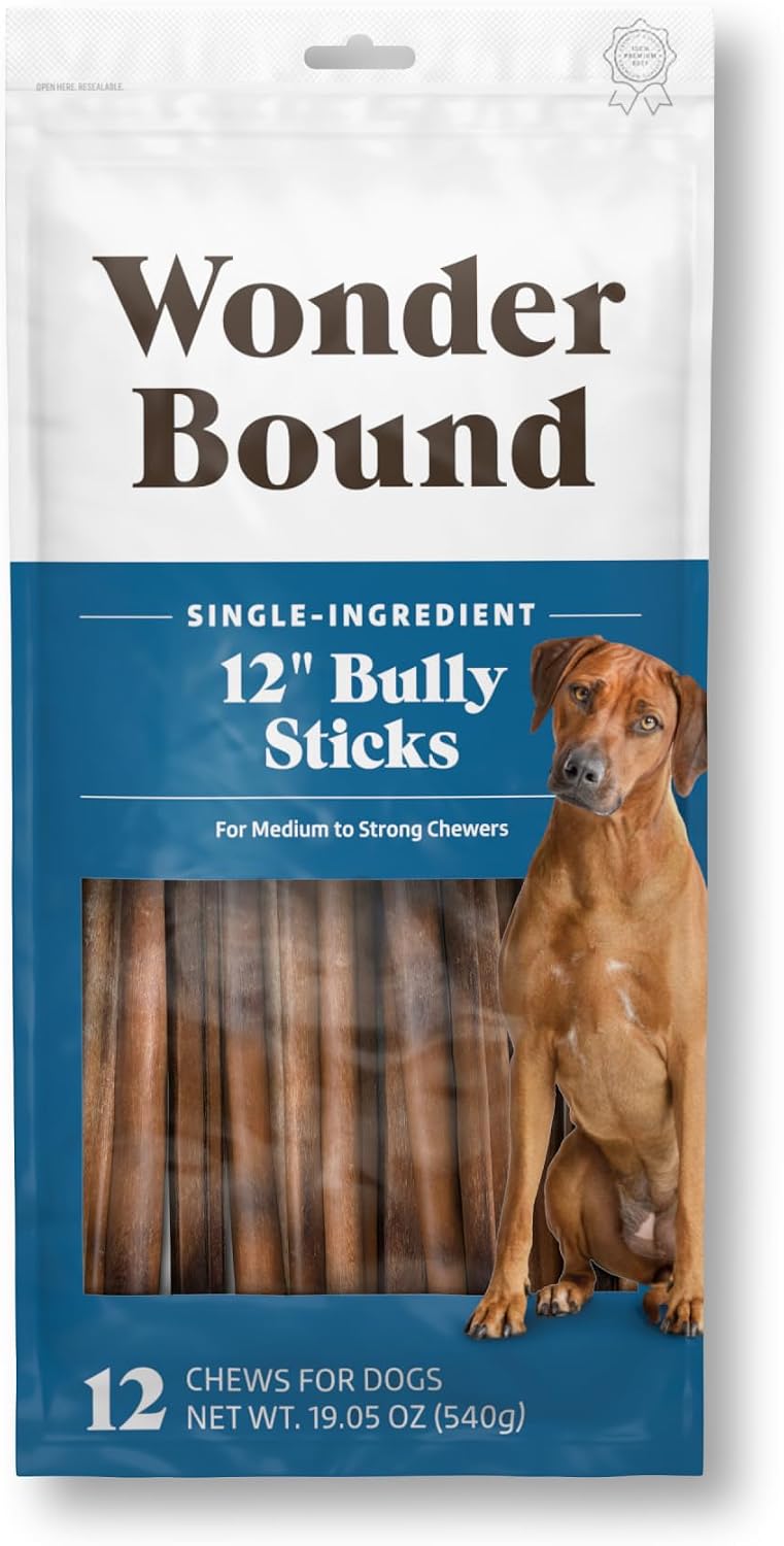 Amazon Brand - Wonder Bound Bully Sticks Dog Treats, All-Natural, Highly Digestible, Long Lasting Dog Beef Treats, 12