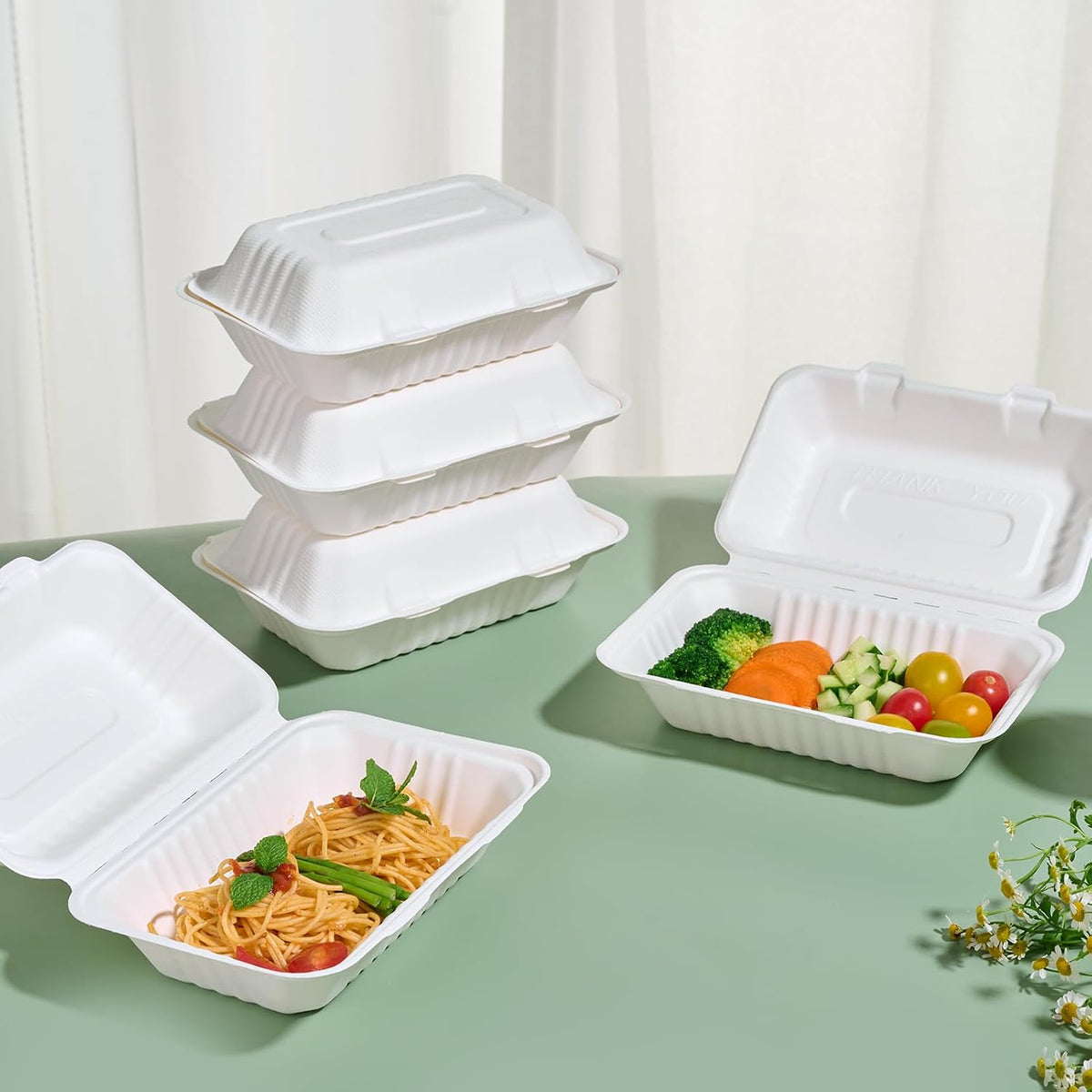 Sugarcane to go food containers, 1-Compartment Clamshell Food Containers