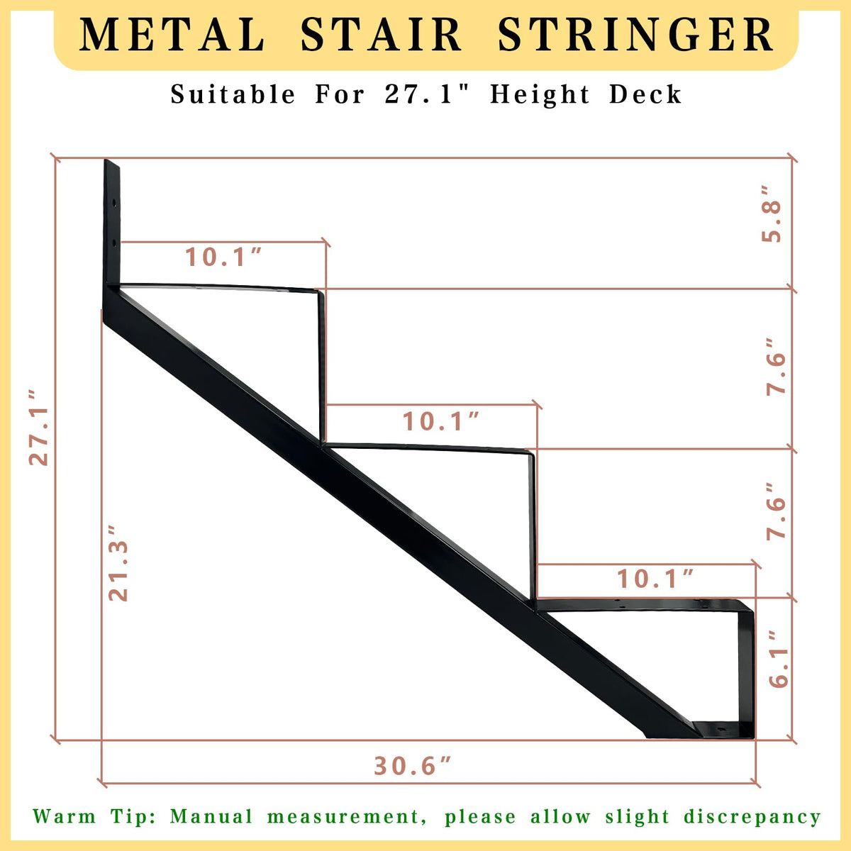 3 Step Metal Stair Step Steel Riser Stringers for 27.1" Height Deck, 3Packs