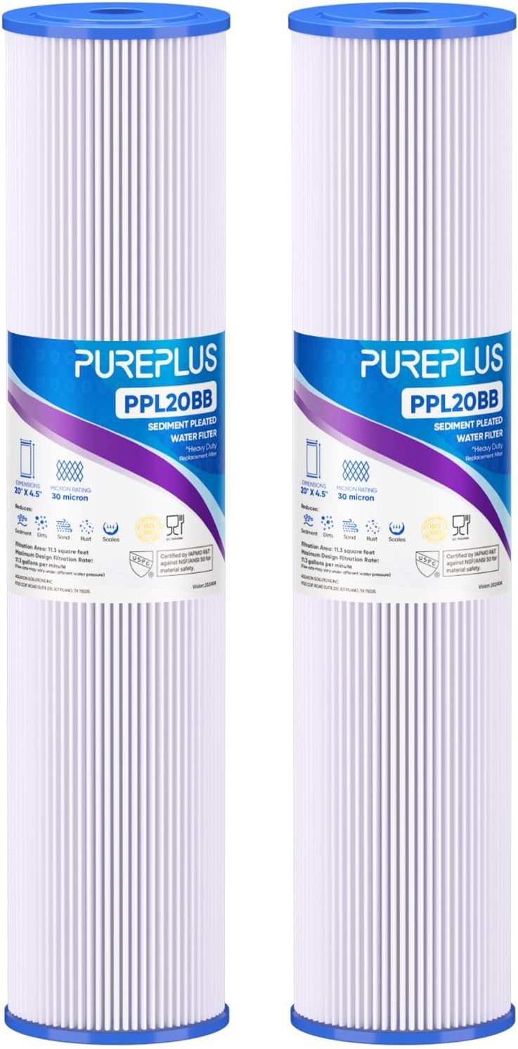 PUREPLUS 30 Micron 20"x4.5" Whole House Pleated Sediment Filter, 2 Pack