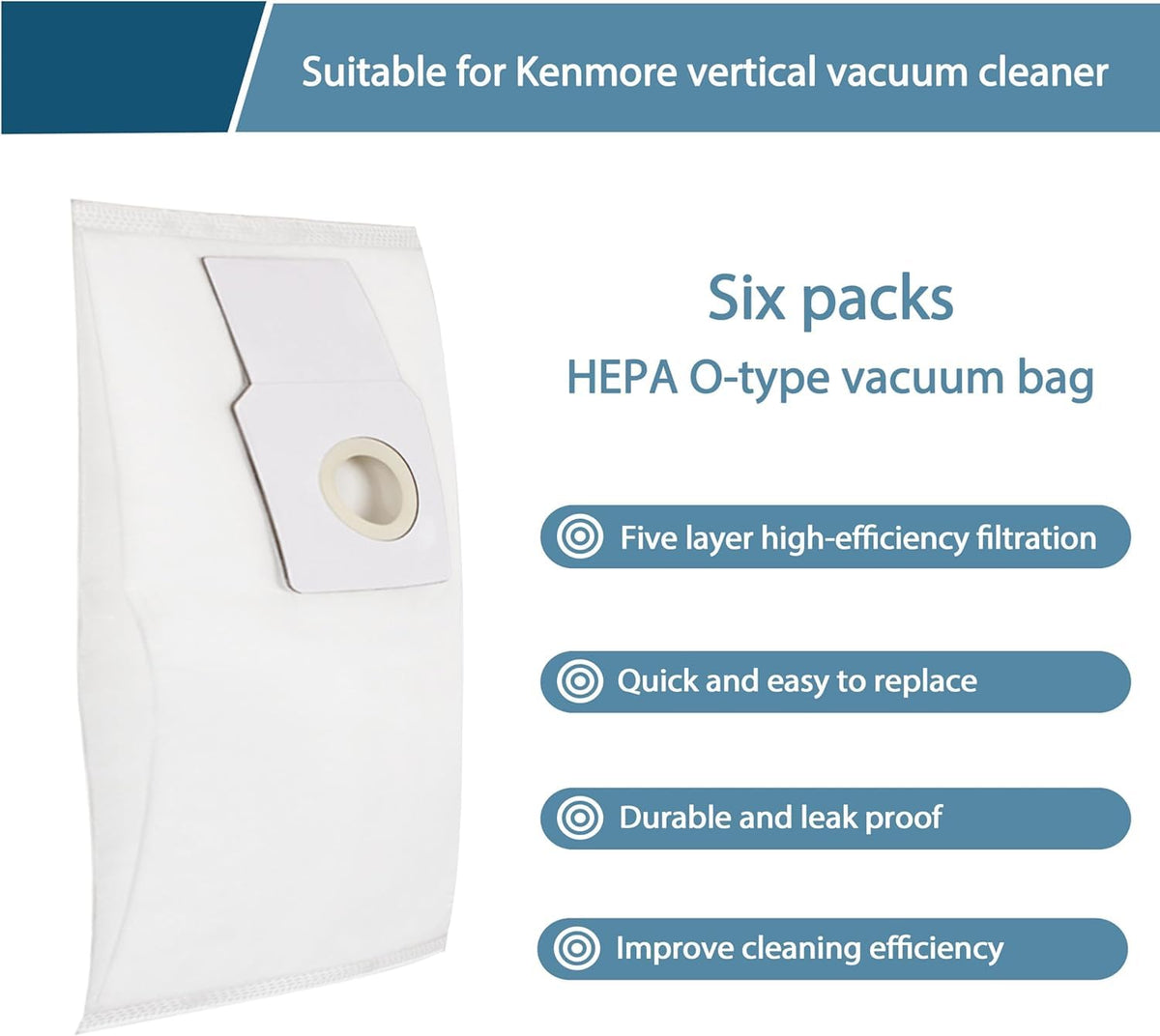Style O HEPA Cloth Vacuum Bags for Kenmore Progressive, 6-Pack White