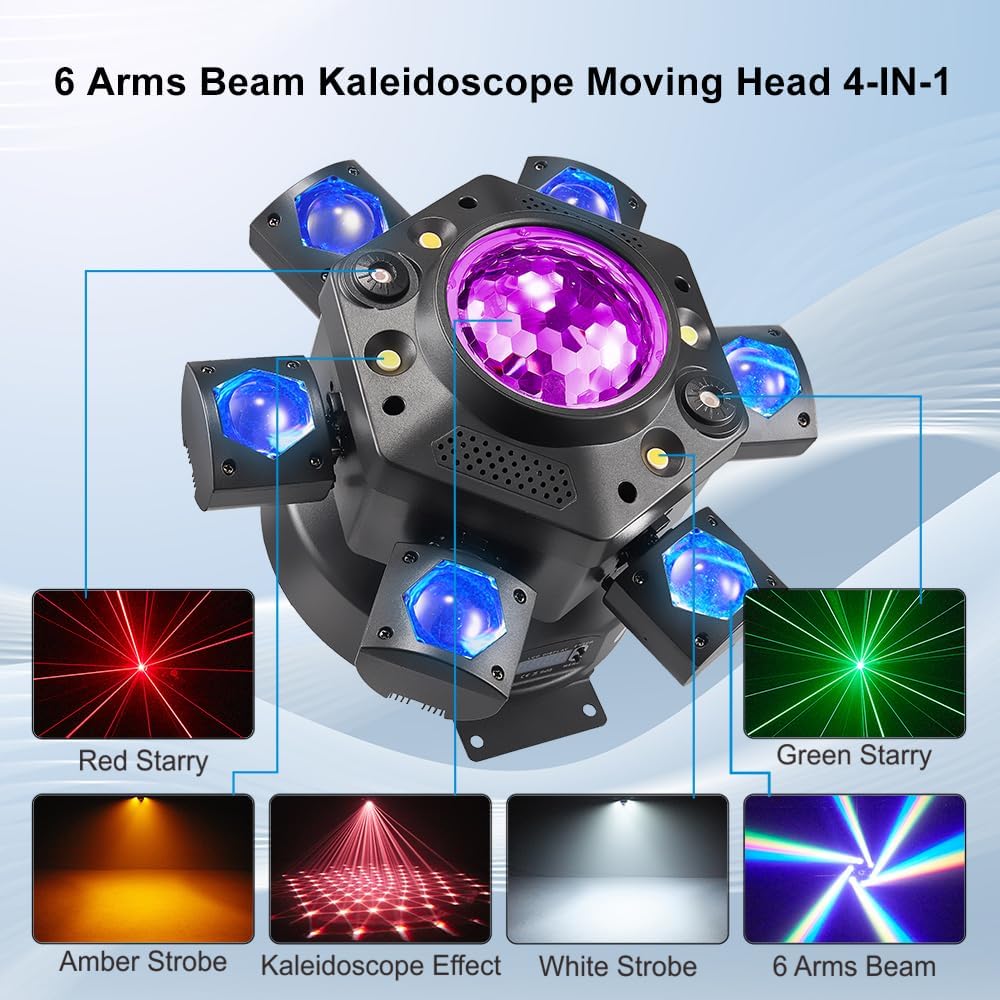 Moving Head DJ Lights, Rualin 120W Stage Light 4 in 1 with RGBW 6 Arms Beam, Kaleidoscope Light, Red Green Starry and