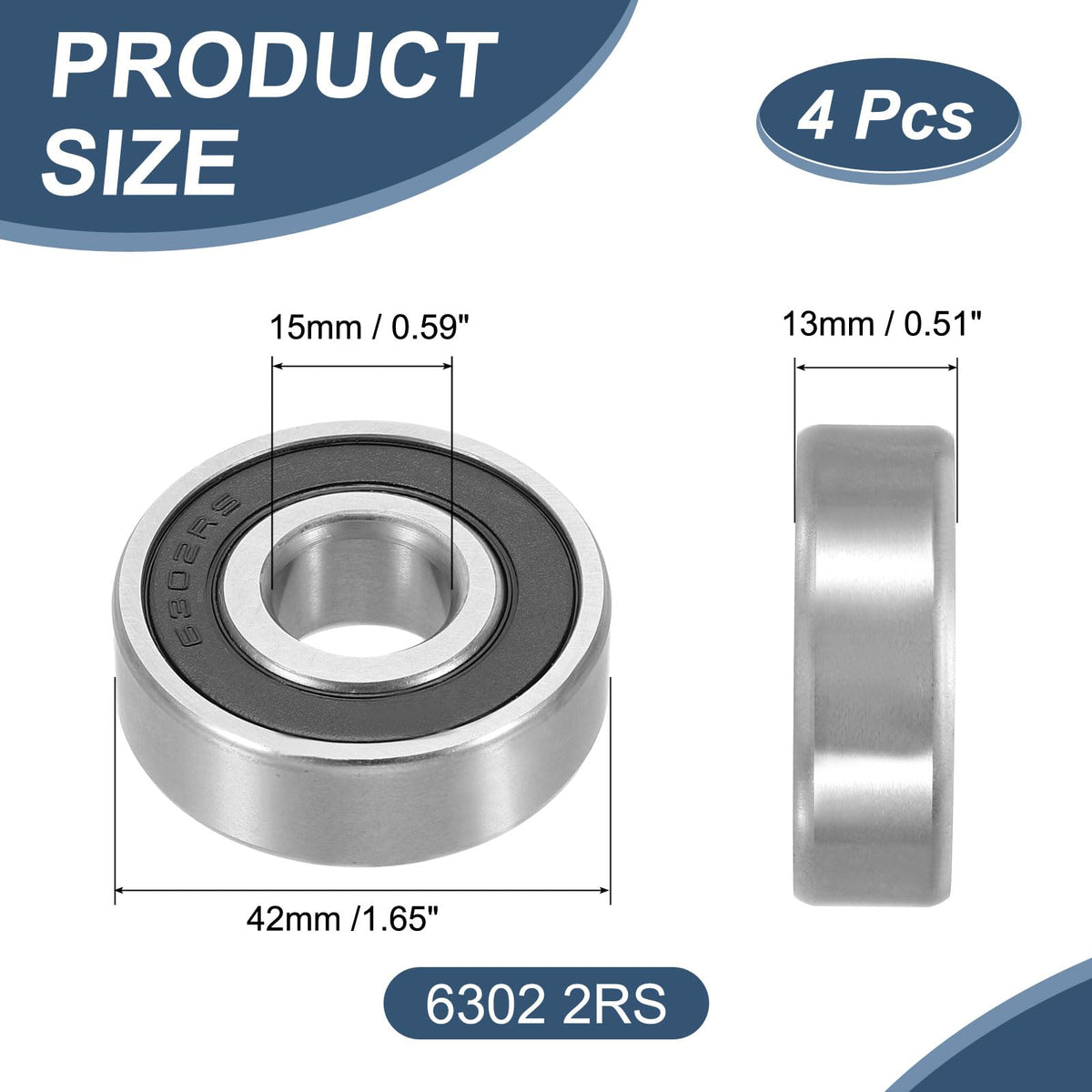 uxcell 4Pcs 6302 2RS Deep Groove Ball Bearing 15x42x13mm Chrome Steel ABEC5