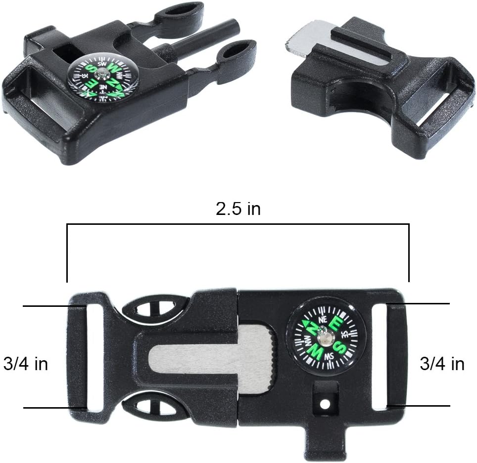 3/4 Inch Survival Buckle - Emergency Whistle, Flint Scraper, Compass, and Fire Starter