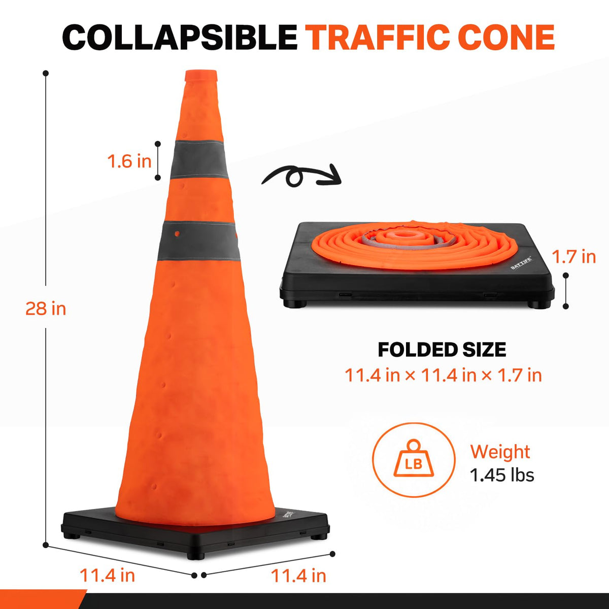28 inch Collapsible Traffic Safety Cones Orange Plastic Base 4 Pack | Collapsible folds flat, reflective strips