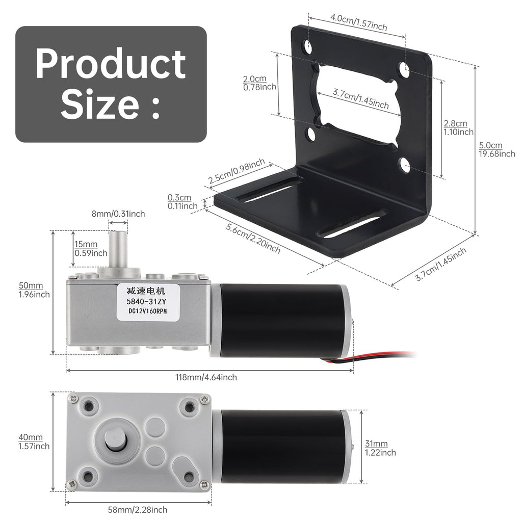 12V DC Worm Gear Motor with Mounting Bracket 80RPM Self Locking High Torque