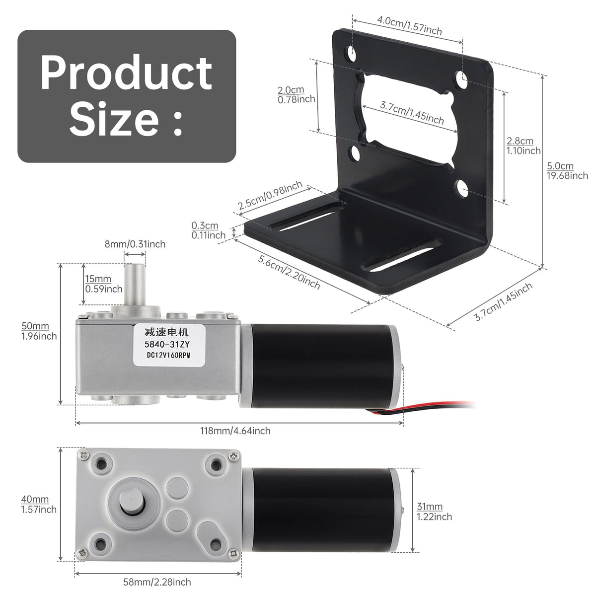 12V DC Worm Gear Motor with Mounting Bracket 80RPM Self Locking High Torque