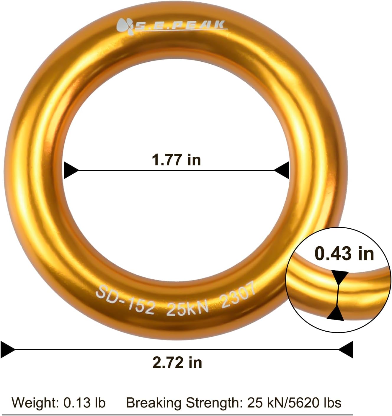 25kN Aluminum Rappel Ring, Perfect Tension O-Ring, Connection Ring for Rock Climbing, Arborist, Gold/Blue