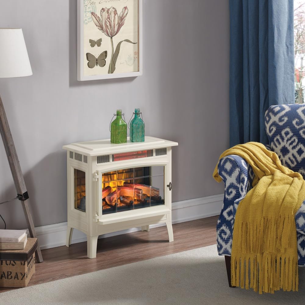 Freestanding Electric Fireplace Stove Heater with 3D Flame Effect for 1,000 Sq. Ft. Room, Cream
