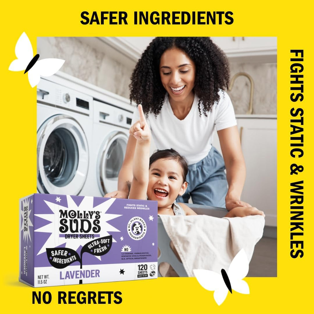 Fabric Softener Dryer Sheets for Sensitive Skin | Plant-Based Static Reducer, Plastic-Free Packaging | Lavender (120
