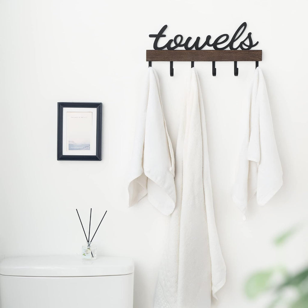 Small Towel Rack with 6 Hooks Wall Mounted Wooden Holder for Bathroom | Rustic Wood & Metal Hooks, Easy Mount