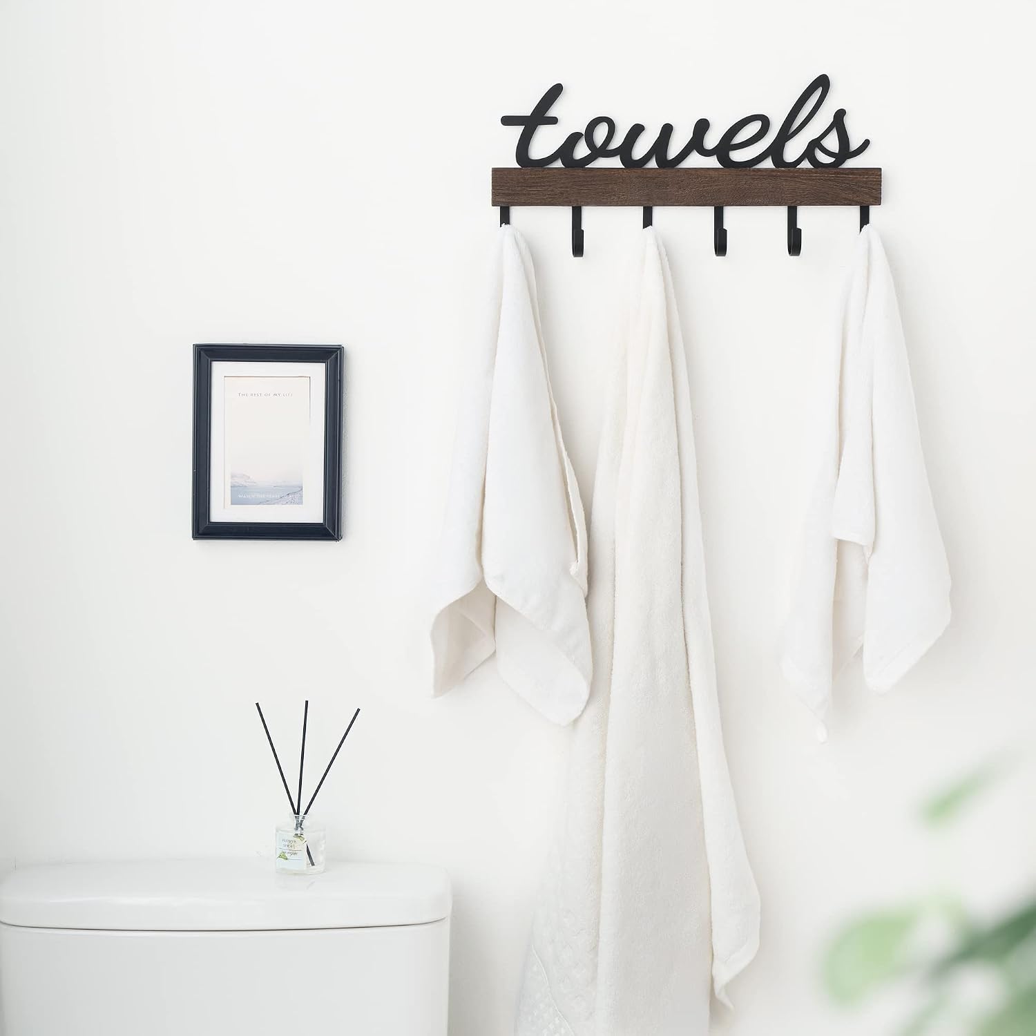 Small Towel Rack with 6 Hooks Wall Mounted Wooden Holder for Bathroom | Rustic Wood & Metal Hooks, Easy Mount