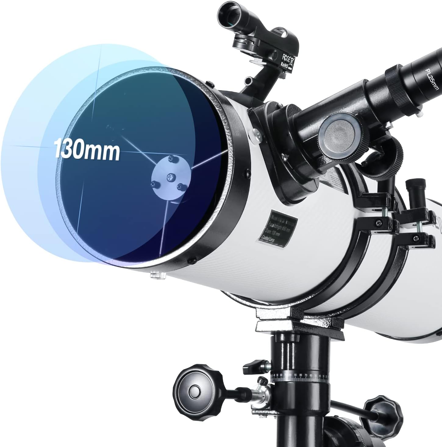130EQ Reflector Telescope, 130mm Aperture, EQ Mount | 650mm focal length, manual equatorial mount, phone adapter, 2x