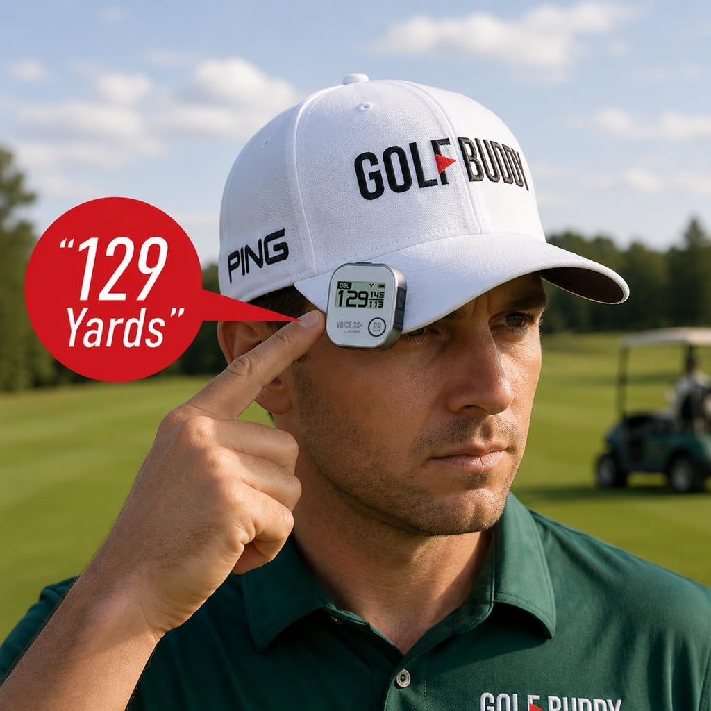 GOLFBUDDY Voice 3S+ Talking Golf GPS Rangefinder | Clip-On Hat GPS with Slope On/Off | Audio Distance to