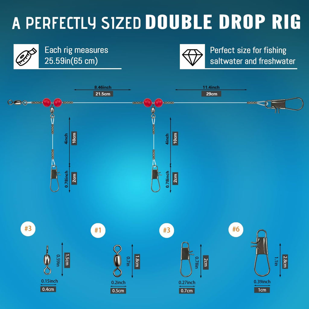 Double Drop Saltwater Fishing Rig –2 Hook Bottom Rigs with Swivels & Snaps, Pre-Tied Surf Pier Boat Leader Line for