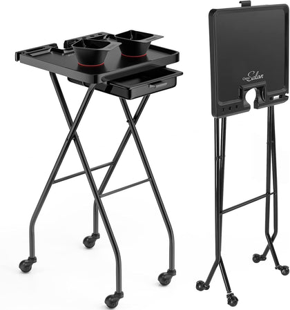 Salon Trolley Cart with Wheels 2 Color Bowls 1 Drawer, Folding Salon Service Tray Color Cart for Hair Stylist, Beauty