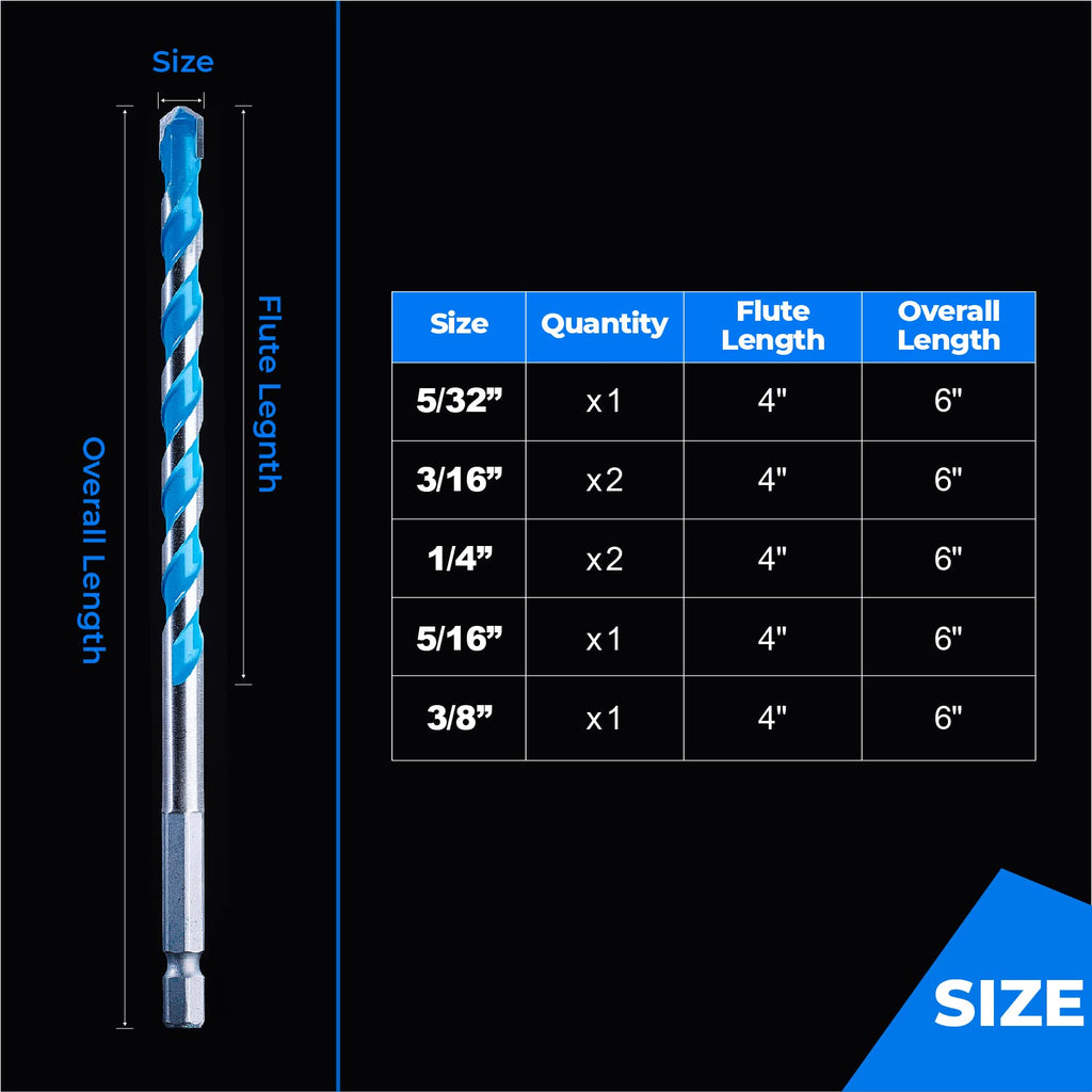 toolant 6" Shockproof Masonry Drill Bits, 5/32"-3/8", 7-Piece Set