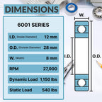 PGN 6001-2RS (2 Pack) Ball Bearing 12x28x8mm Chrome Steel Sealed