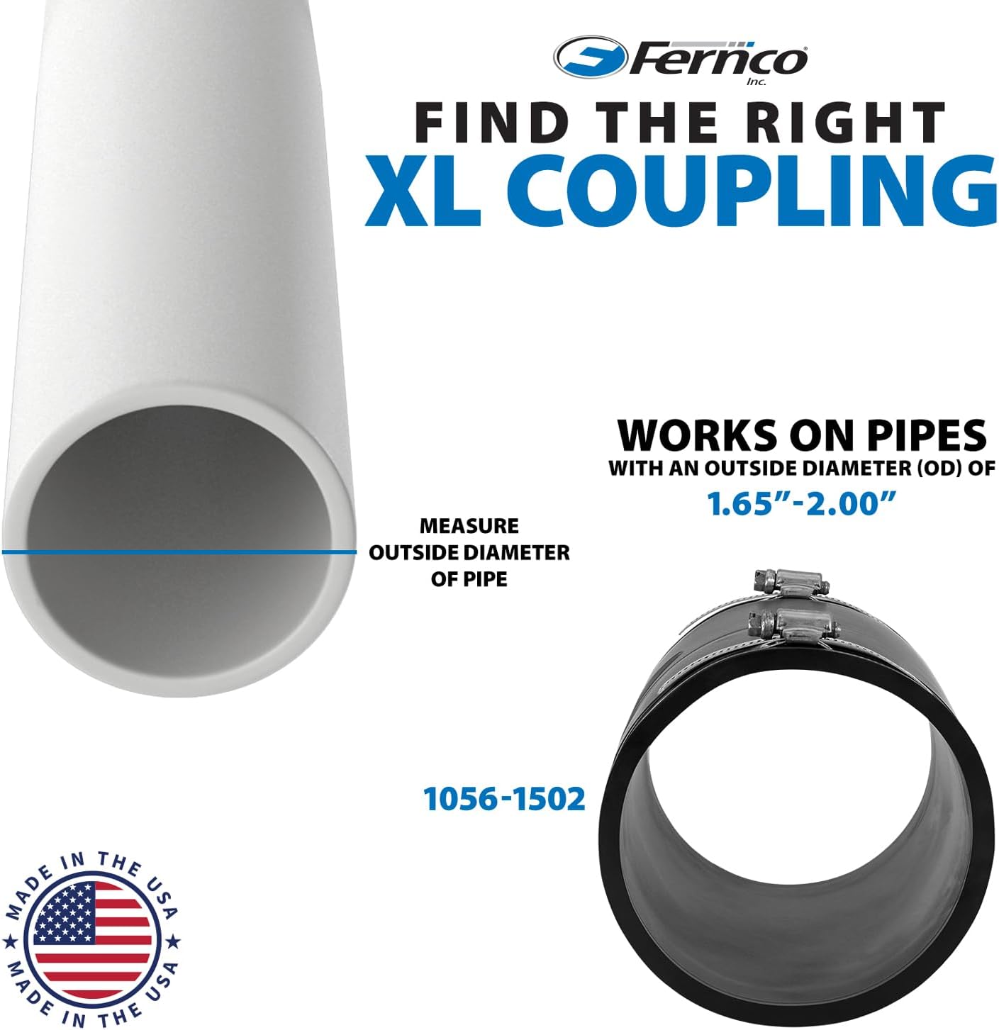 XL 1056-1502 1-1/2 in Flexible Pipe Coupling, Extra-Long 6.88 in DWV Sewer/Drain Connector, Fits OD 1.65–2.00 in