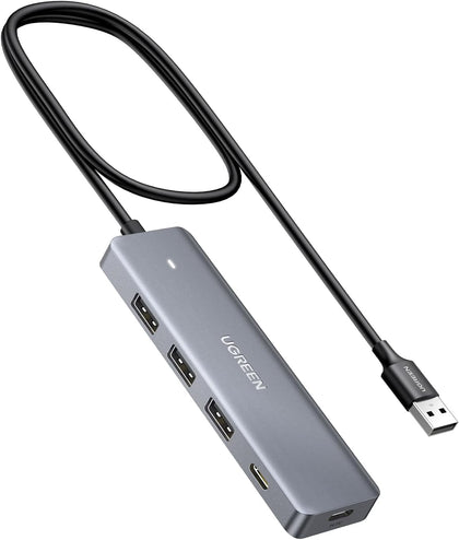 USB Hub 4 Ports, C & 3 A Multiport Adapter, 2ft Long Cable Powered 3.0 Hub With C Power Port for Laptop, Desktop