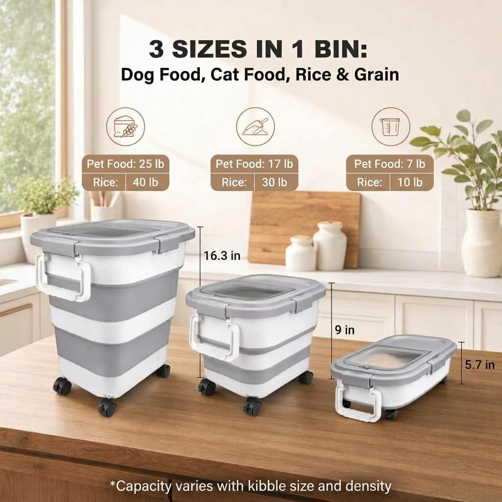 Collapsible Rice Bin 10-40 lb, Dog Food Storage Container